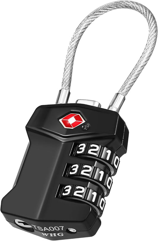 ZHEGE TSA Approved Cable Luggage Lock, Travel Lock, Keyless Padlock with 3 Digit Combination for Suitcase, Backpack, Bag, Toolbox, Gym Locker - Easy to Read & Use for All Ages (Black, 1 Pack)