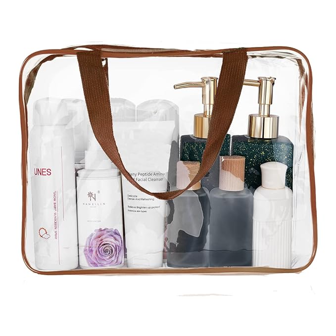 6Pcs Crystal Clear PVC Travel Toiletry Bag Kit for Women Men, Waterproof Vinyl Packing Organizer Storage Bags with Zipper Handle Straps, Cosmetic Pouch Carry on Airport Airline Compliant Bag Handbag