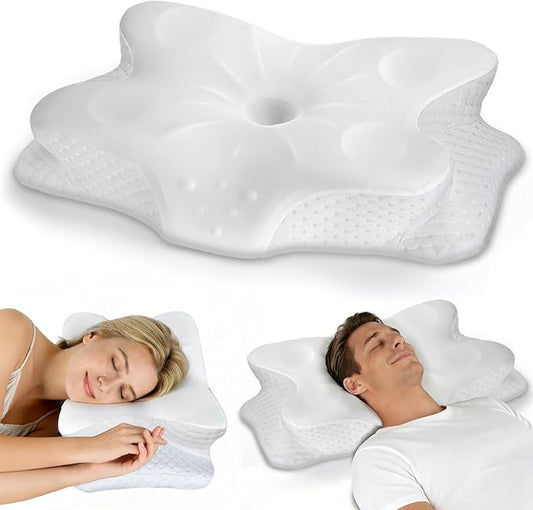 CCidea Cervical Neck Pillows for Sleeping & Pain Relief-Ergonomic Contour Memory Foam Pillow for Side/Back/Stomach Sleepers, 2 Heights with ICY Cooling White Silk Pillowcase - Gifts for Men & Women