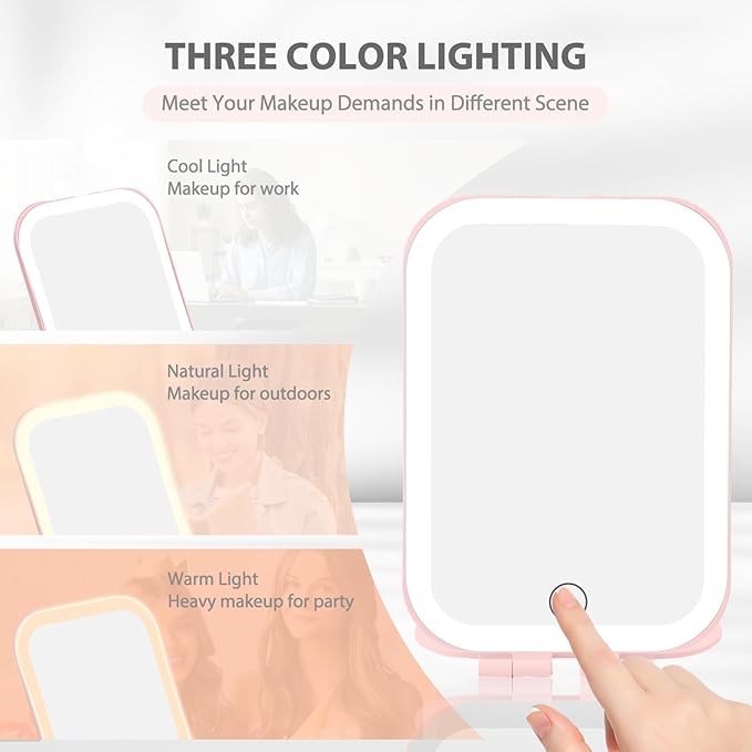 Koolstuffs Travel Mirror with Light, Rechargeable Portable Makeup Mirror with Battery-Powered, 3 Colors LED Lighting, Dimmable Touch Screen Vanity Lighted Mirror