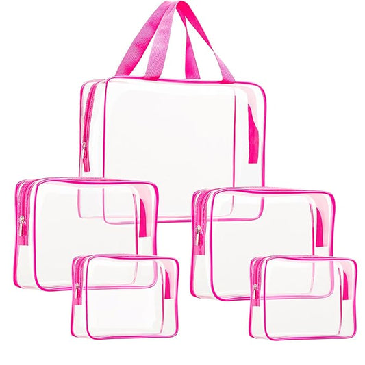 5Pcs Crystal Clear PVC Travel Toiletry Bag Kit for Women Men, Waterproof Vinyl Packing Organizer Storage Bags with Zipper Handle Straps, Cosmetic Pouch Carry on Airport Airline Compliant Bag Handbag