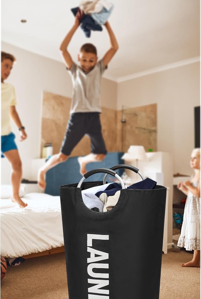 90L Large Laundry Basket, Freestanding Tall Clothes Hamper, Collapsible Laundry Bag, Black
