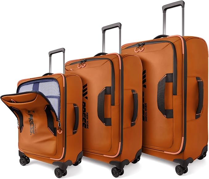 3-Piece Softside Upright Luggage Set with Front Open Pocket, Lightweight and Waterproof Durable Suitcase Sets Double Spinner Wheels（Orange, 22in/26in/30in）