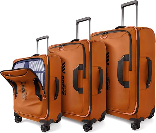 3-Piece Softside Upright Luggage Set with Front Open Pocket, Lightweight and Waterproof Durable Suitcase Sets Double Spinner Wheels（Orange, 22in/26in/30in）