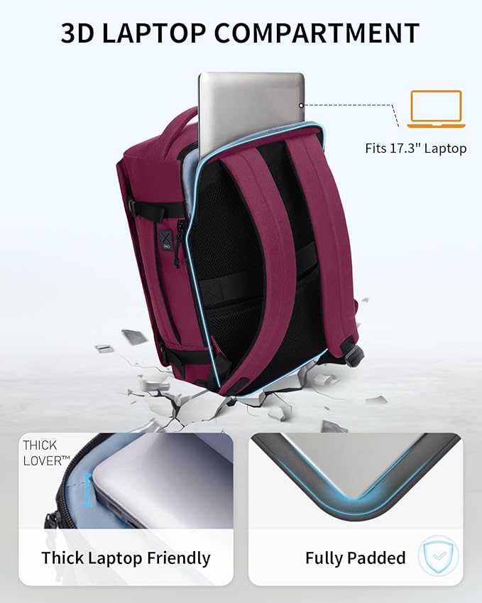 ECOHUB 40L Carry-On Travel Backpack, TSA-Friendly, Anti-Theft Water-Resistant Lightweight with 17.3″ Laptop Compartment, Durable PFAS-Free Rucksack, Red