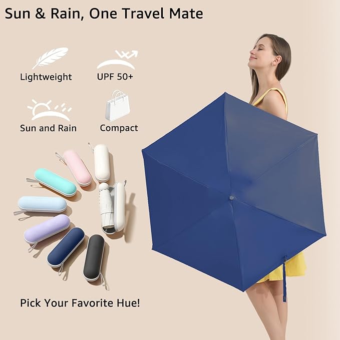 BAODINI Travel Essentials Mini Umbrella for Purse With Case Small Compact UV Sun Protection Lightweight Tiny Pocket Manual Open Close Umbrella for Women Kids and Men Fits Purse Backpack