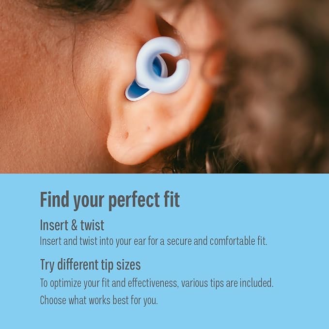 Hush Hoops Ear Plugs, Ultra-Soft Reusable Noise Reducing Earplugs with Horseshoe Shape for Comfort, 4 Tip Sizes for Customizable Fit, 17dB (NRR) Noise Reduction Rating, Blue, 1 Pair with Travel Case