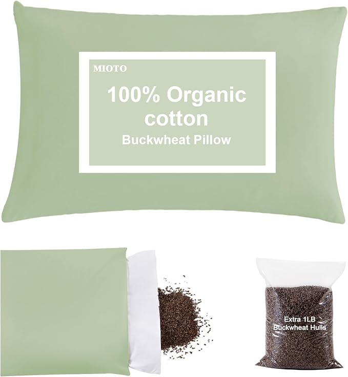 Organic Buckwheat Pillow for Sleeping with Dual-Layer Pillowcase and Extra Tartary Buckwheat Hulls, Adjust Height and Firmness, Neck Support Pillow for Back and Side Sleepers 20"x26", Sage Green