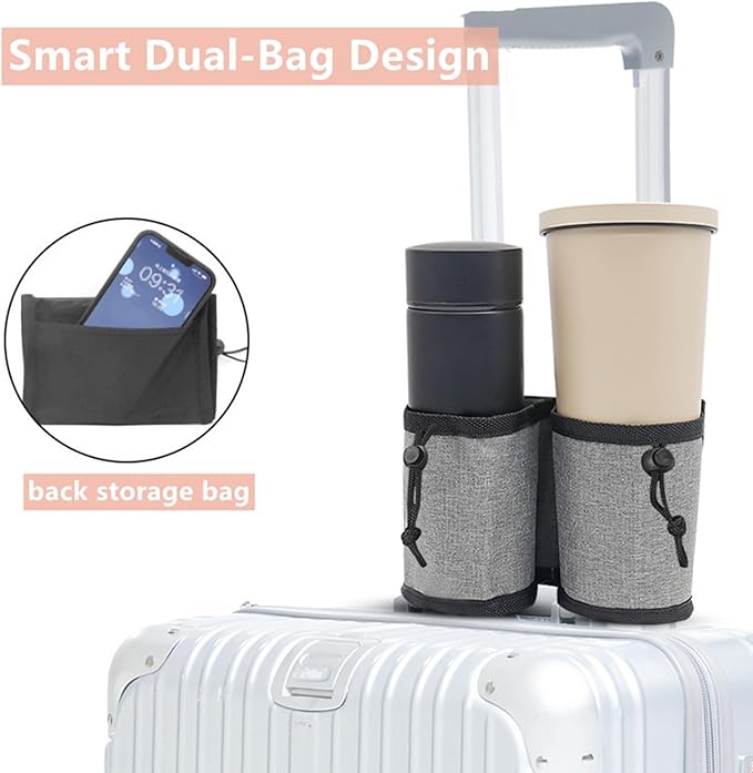 Luggage Travel Cup Holder - Hands-Free Double Coffee Carrier for Suitcases, Ideal for Flight Attendants, Business Trips, Airport Transfers & Train Journeys, Pink