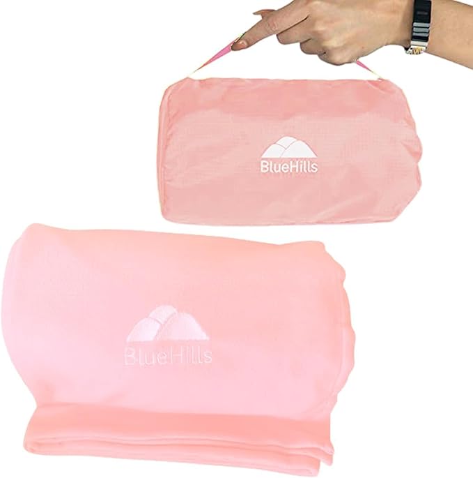 BlueHills Ultra Compact Travel Blanket Pillow in Portable Bag Case Soft with Strap Backpack Clip Premium Cozy Soft Compact Pack Large Blanket for Airplane Flight Layover - (Pink C006, 70 x 56 inch)