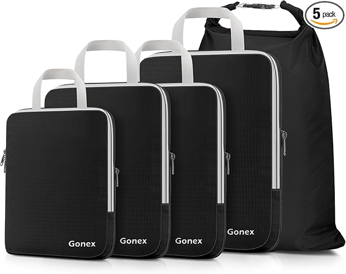 Gonex Compression Packing Cubes, 5pcs Expandable Storage Travel Luggage Bags Organizers with Laundry Bag (Black)