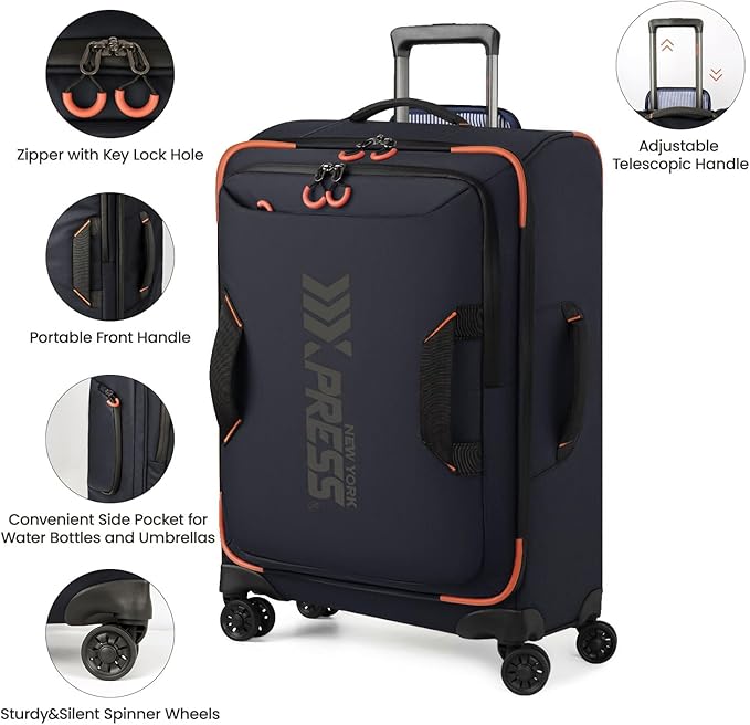 3-Piece Softside Upright Luggage Set with Front Open Pocket, Lightweight and Waterproof Durable Suitcase Sets Double Spinner Wheels（Blue, 22in/26in/30in）
