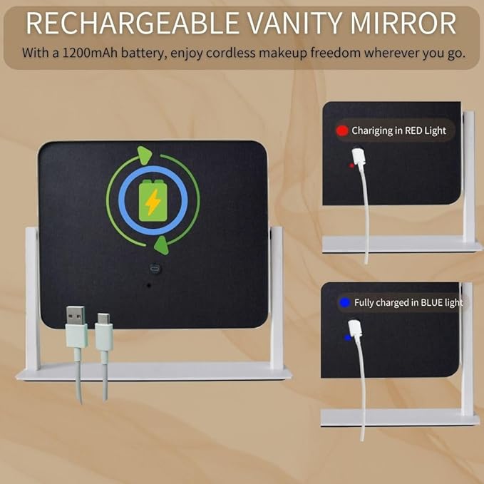 12"x14" LED Vanity Mirror with Lights, 3-Color Dimmable Touch Control, Large Lighted Makeup Mirror, USB-Rechargeable Cordless Design, Sturdy Metal Frame, Oversized Tabletop Mirror, Gift-Ready
