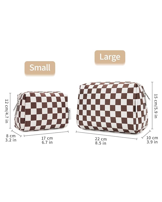Narwey Checkered Makeup Bag Travel Cosmetic Bag Organizer Toiletry Bag Make Up Bags with Compartments for Women Girls (Large, Dark Checkerboard)
