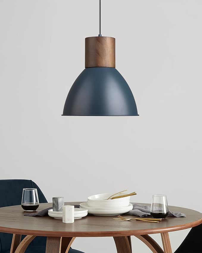 ELYONA Modern Pendant Light for Kitchen Island, Solid Wood Metal Hanging Lamp, Adjustable Height, 11.6" Industrial Pendant Light Fixtures for Farmhouse,Bar,Dining Room,Living Room,Bedroom - Dark Blue
