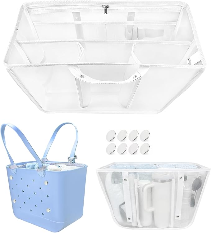 XYFuuee Beach Bag Organizer Inserts for Large Simple Modern Bag Accessories, with 8 Removable Metal Fasteners, Lightweight Mesh Insert Divider Pouch, Organizing Rubber Tote, Save Space, White
