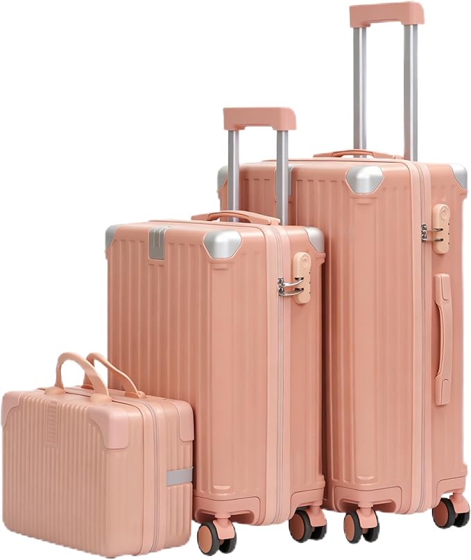 Carry On Luggage with Spinner Wheels,PC Hard Shell Suitcase with USB Port,Lightweight Travel Luggage Airline Approved for Men Women,Nude pink,3-Piece Set (14/20/24)