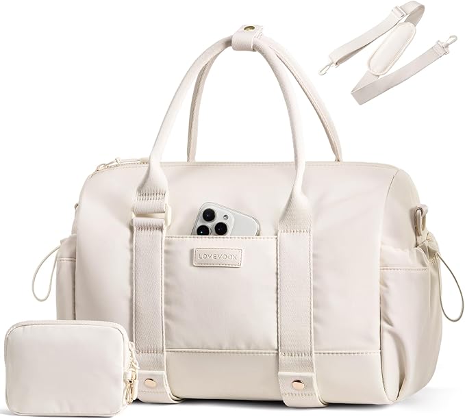 LOVEVOOK Small Gym Bag for Women with Yoga mat Holder, Mini Duffle Bag for Travel with Wet Pocket, Overnight Personal Item Bags (White, 14.5 inch-Small-2Pcs)