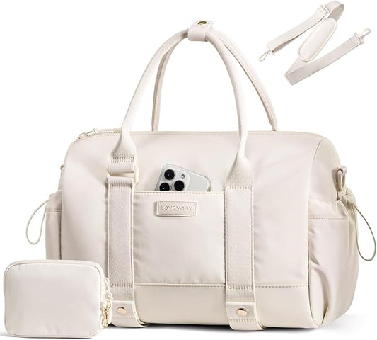 LOVEVOOK Small Gym Bag for Women with Yoga mat Holder, Mini Duffle Bag for Travel with Wet Pocket, Overnight Personal Item Bags (White, 14.5 inch-Small-2Pcs)