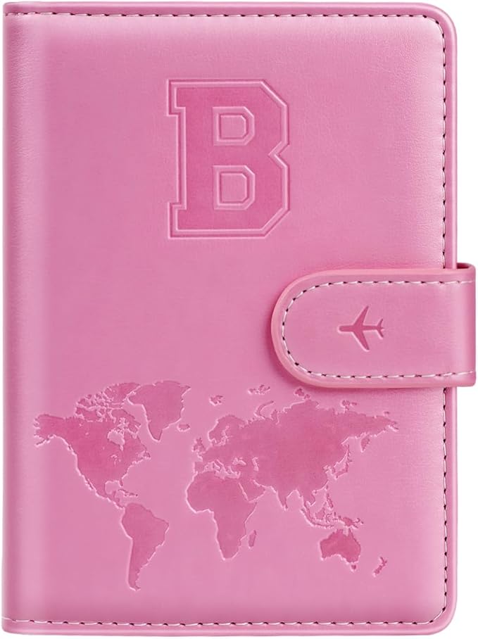 Passport Holder Cover Initail Letter A-Z Travel Wallet Embossed Design RFID Blocking Card Holder Personalized Gift Passport Cover Wallet, Passport Book Holders for Women and Girls, Pink-B