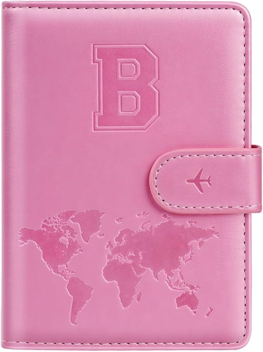 Passport Holder Cover Initail Letter A-Z Travel Wallet Embossed Design RFID Blocking Card Holder Personalized Gift Passport Cover Wallet, Passport Book Holders for Women and Girls, Pink-B