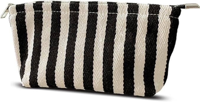 HAPPYHEIDI Small Black White Stripe Makeup Brush Bag Zipper Pouch Women Girls Purse Organizer,Canvas Lined, Premium Zipper