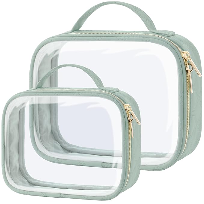 PACKISM TSA Approved Toiletry Bag Combo Pack, 1 Clear Makeup Bag Medium & Large for Checked Luggage, Clear Travel Bag with Handle, Water-resistant Travel Essentials Organizer, Laurel Green