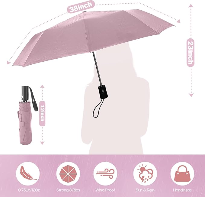 Travel Compact Umbrella, Folding Travel Umbrella for Rain and Shine Small, Windproof Automatic Open/Close, Portable Umbrellas