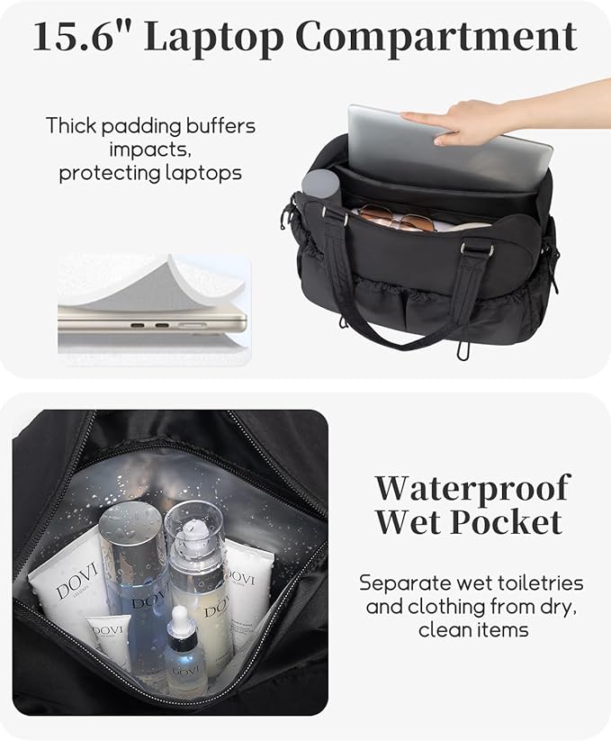 Carry On Duffle Bag with 15.6 Inch Laptop Compartment, Gym Bag for Women with Wet Pocket, Shoe Bag and Toiletry Pouch, Personal Item Travel Duffel Weekender Overnight Bags, Black