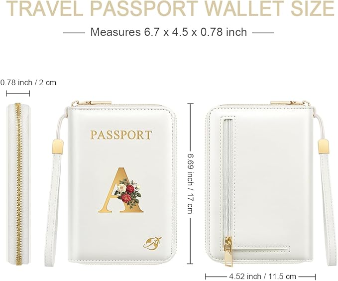 Passport Holder for Travel Personalized Passport Holder Initial Letter Rose Flower RFID Blocking Travel Wallets Credit Cards Holder for Women Men, White A