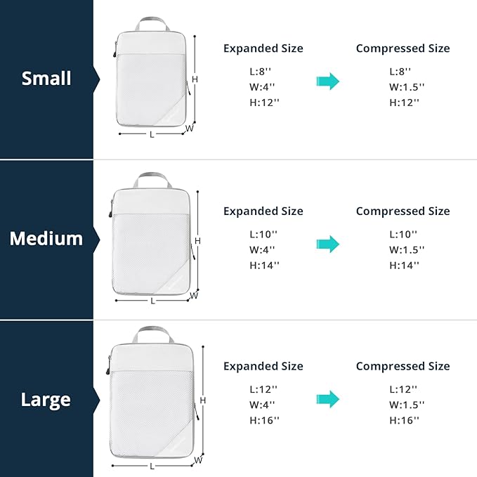 Compression Packing Cubes 6 Set, Compressible Space-Saving Packing Cubes for Travel - Compression Bags, Luggage Organizer, Travel Essentials for Women, White