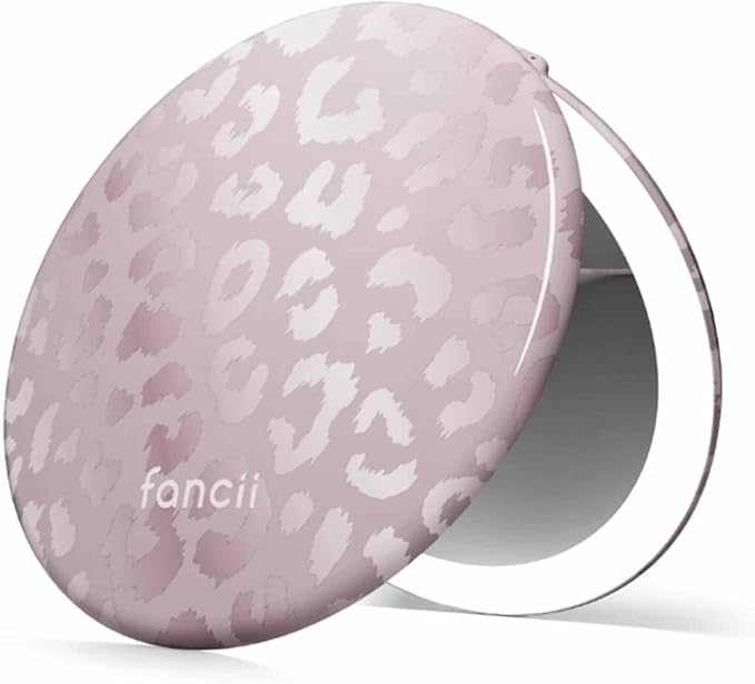 Fancii Taylor LED Lighted Travel Makeup Mirror, Rechargeable, 10x /1x Magnifying, Tru-Glow Lighting System, XL Large 5” Wide | Compact Mirror for Purses (Cosmic Leopard)