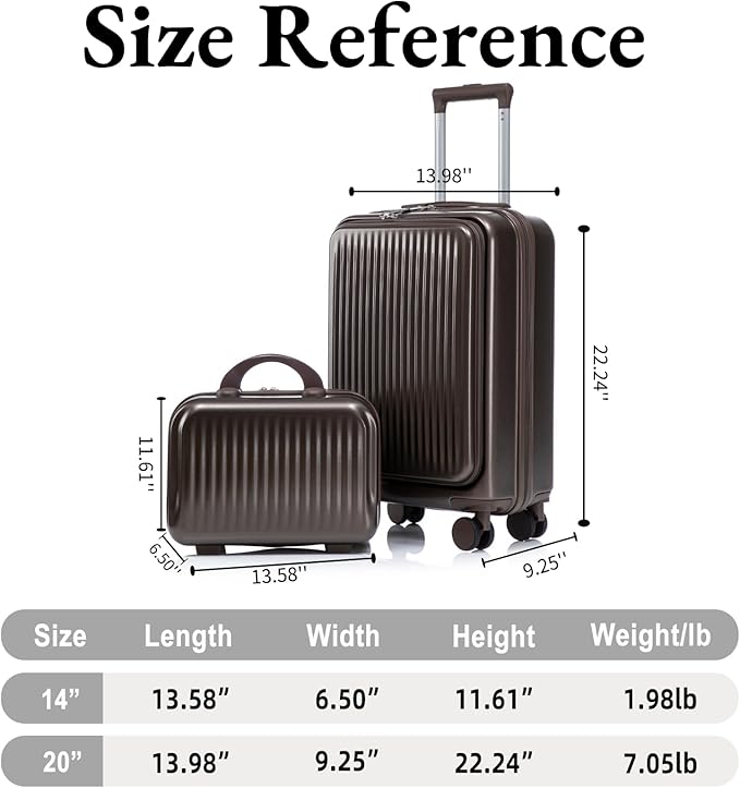 2 Pcs ABS Spinner Luggage Set - 14" Cosmetic Case & 20" Carry-On with Combination Lock, Front Opening Design, Brown