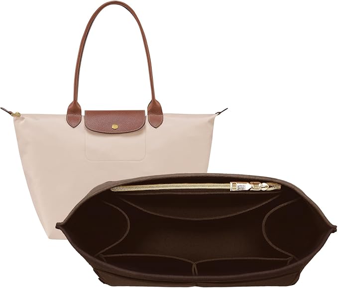 OPPOSHE Purse Organizer Insert for Longchamp Le Pliage, Premium Felt Long Champ Bag Handbag Women, Tote Organizer Insert with 9 Compartments (Medium, Dark Brown)