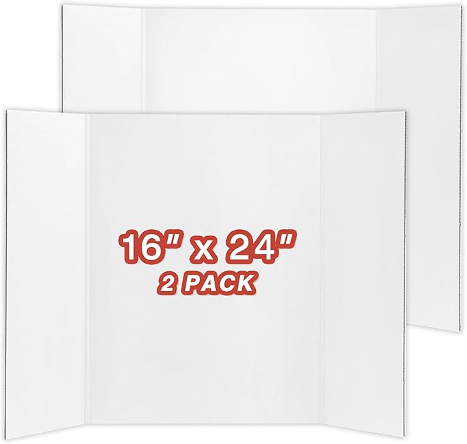 Chell Mini Size Trifold Poster Board, 16" x 24", Small Corrugated Project Boards, White, 2 Pack