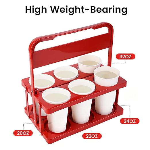 Bodaon 6 Cup Drink Carrier with Handle, Plastic Cup Carriers for Drinks, Drink Holder for Car, Take Out Delivery Drivers, Accessories, Portable Foldable Reusable Mobile, Use for Food Delivery Bag, Red