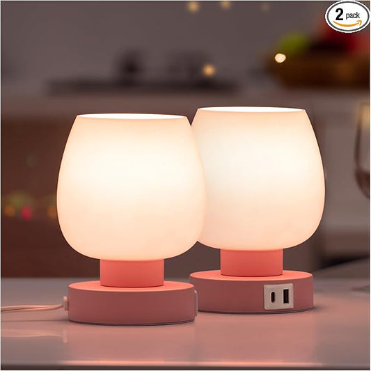 ONEWISH Pink Touch Table Lamp with USB Charging - 3 Way Dimmable Small Lamp for Bedroom, Warm LED Bulb Included, 2 Packs