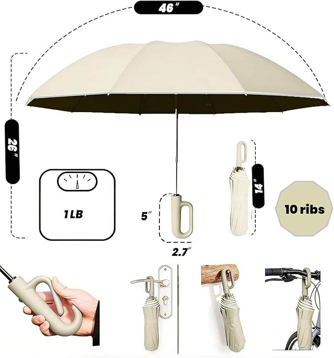 SIEPASA Travel Umbrella with Carabiner Handle - Windproof 10 Ribs Auto Open/Close for Rain & Sun Protection, Compact Portable Clip-on Backpack Design with Safety Reflective Strip.