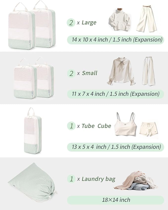 Narwey 6 Set/5 Set Compression Packing Cubes for Travel Kids Women Carry on, Packing Organizers Bag for Backpack Luggage Suitcase Duffle Bags