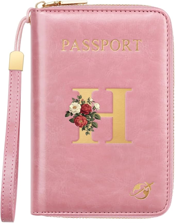 Passport Holder for Travel Personalized Passport Holder Initial Letter Rose Flower RFID Blocking Travel Wallets Credit Cards Holder for Women Men, Pink H