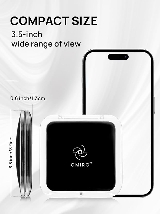 OMIRO Folding Compact Mirror, 1X/15X Magnification 3½” Pocket Size Square Hand Mirror for Travel Makeup (Transparent Black)