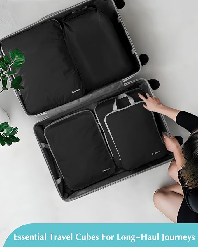 Gonex Compression Packing Cubes, 5pcs Expandable Storage Travel Luggage Bags Organizers with Laundry Bag (Black)