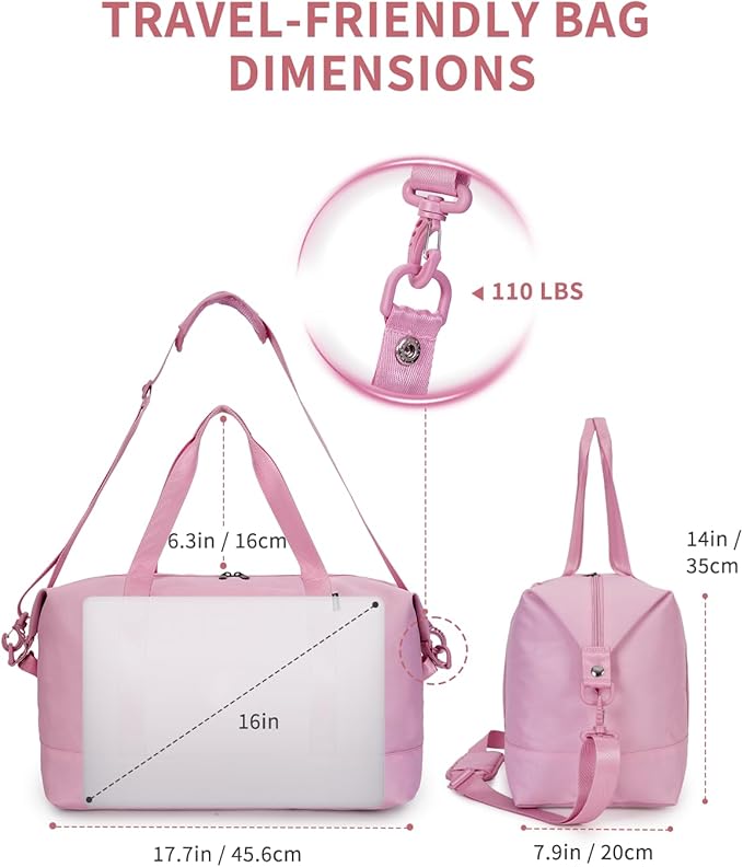 ECOHUB Travel Duffel Bag, Water Resistant Weekender Bag Carry On Bags for Women, Sport Gym Bags for Men, Hospital Bag for Labor and Delivery, Overnight Bag Luggage Bag with Trolley Sleeve 30L Pink