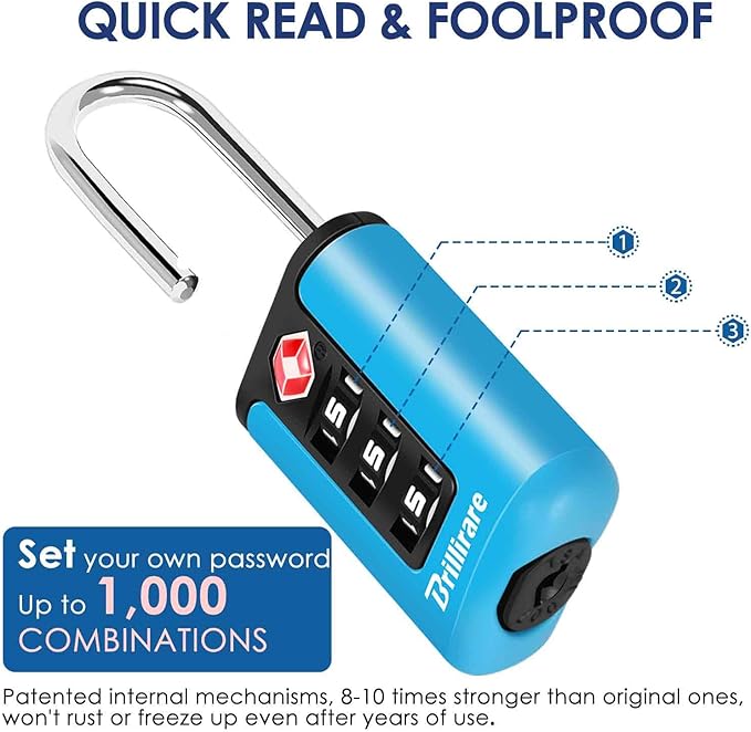 2 Pack TSA Approved Luggage Locks, Combination Travel Padlock, 3-Digit Waterproof Lock, TSA Accepted Outdoor Keyless Resettable Lock for Lockers, Bags, Backpack, Gym, Gate-Blue