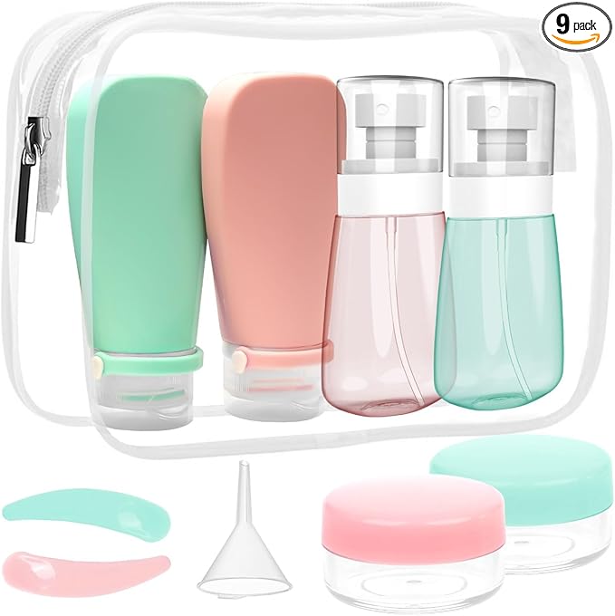 Pack of 9 Travel Bottle Set - TSA Approved Leakproof Toiletry Kit - Perfect For Travel, Toners, Skincare, and Cosmetics