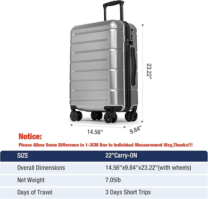KYME Carry On Luggage 22x14x9 Airline Approved Hardshell Carry On Suitcases with Wheels Travel Rolling 20 Inch Luggage with Cup Holder for Women Men,Carry-on Silver Grey