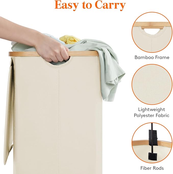 Lifewit 80L Laundry Basket with Lid, Clothes Hampers for Laundry with Bamboo Handles and 1 Removable Bag, Large Foldable Laundry Hamper for Bedroom, Bathroom, Dorm, Laundry Room, White