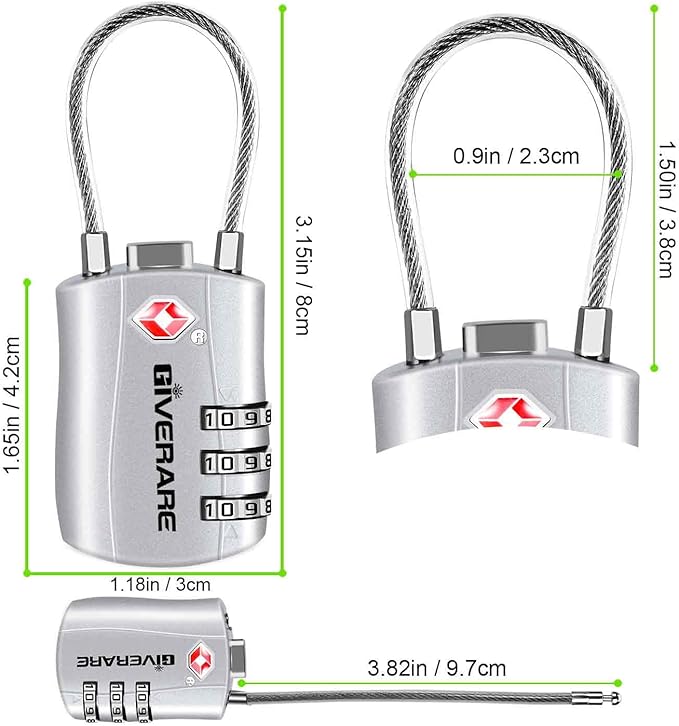 GIVERARE 2 Pack TSA Approved Luggage Locks, Combination Travel Cable Lock, Re-settable 3-Digit Padlocks with Alloy Body, Keyless TSA Padlock for Gym Locker, Golf Bag Case-Silver
