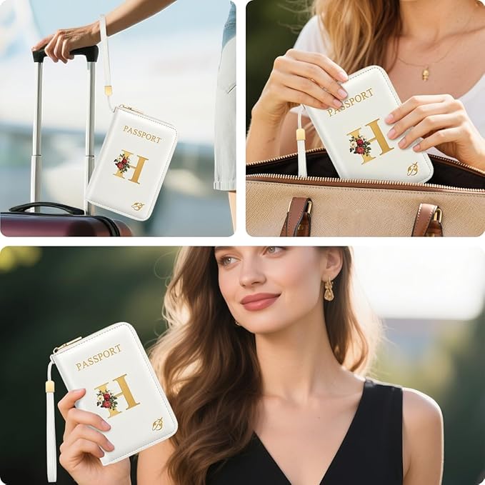 Passport Holder for Travel Personalized Passport Holder Initial Letter Rose Flower RFID Blocking Travel Wallets Credit Cards Holder for Women Men, White H