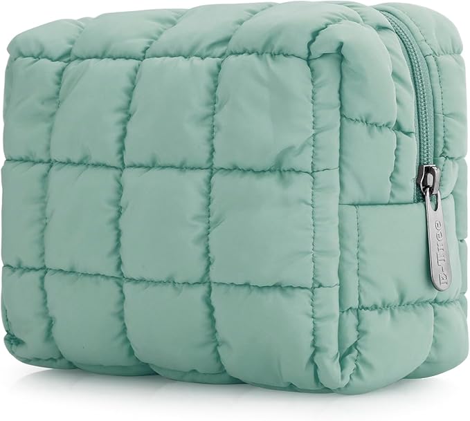E-Tree Cute Makeup Bag,Quilted Cosmetic Bag,Make up Pouch for Purse,Toiletry Zipper Pouch,Checkered Bag,Travel Case,Storage Pouches for Organization (Green)